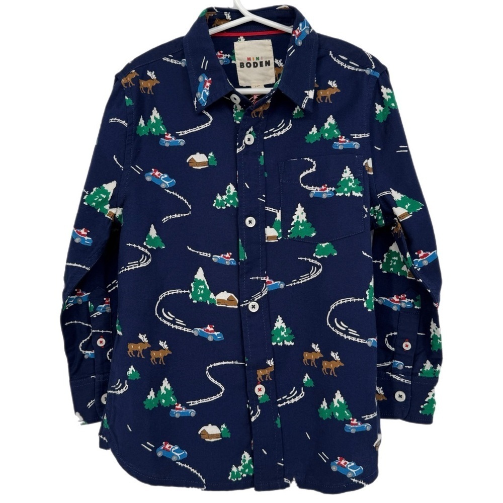 Boys’‎ Mini Boden Printed Brushed Flannel Shirt Holiday Print Blue Green 6-7Y